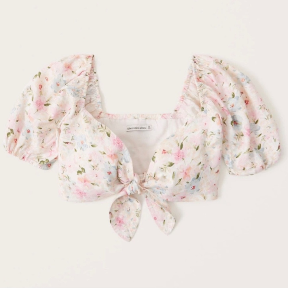 Abercrombie & Fitch Women's Tie-Front Linen-Blend Puff Floral Sleeve Top